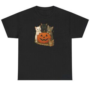 Cute Cat Pumpkins Tee, Halloween Shirt, Unisex Cotton T-Shirt